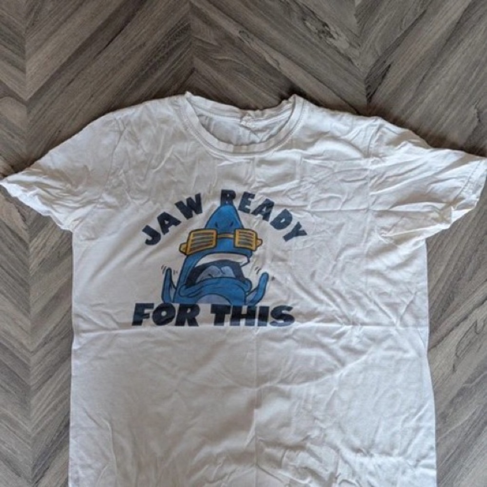 White Graphic Tee with Blue Shark Design